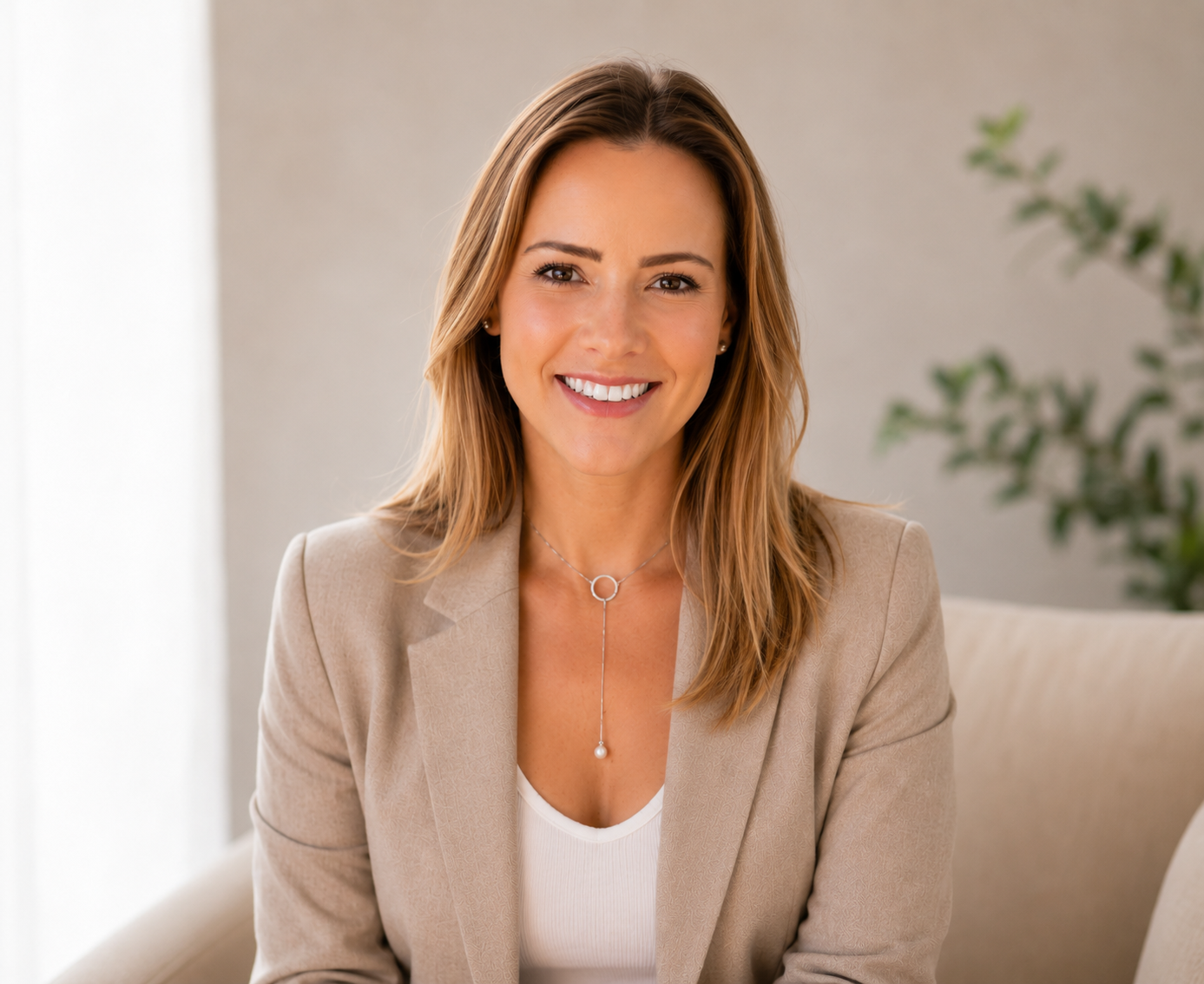Jessica smiling in a neutral blazer